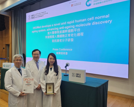 港大醫學院首創幹細胞平台以快速模擬人體細胞正常老化過程，幫助抗衰老分子研發。（左起）楊樹標教授、劉澎濤教授及李燕柳博士。